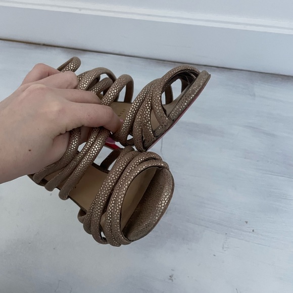 Christian Louboutin Gold/Brown Textured Suede Open-Toe Strappy Cage Sandals - Picture 12 of 12